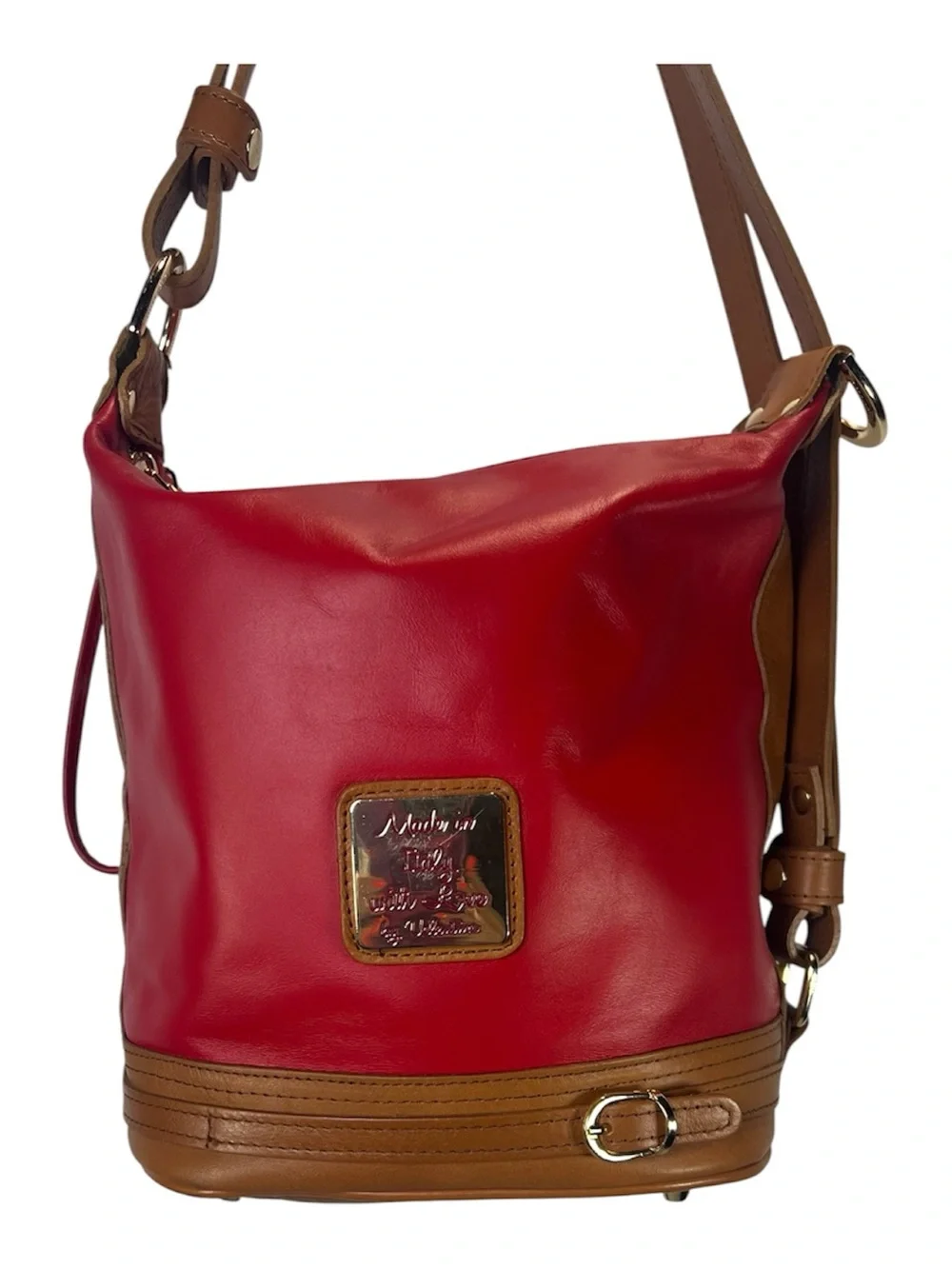 Vintage Valentina Italian Leather Convertible Backpack Bucket Bag Red/Tan